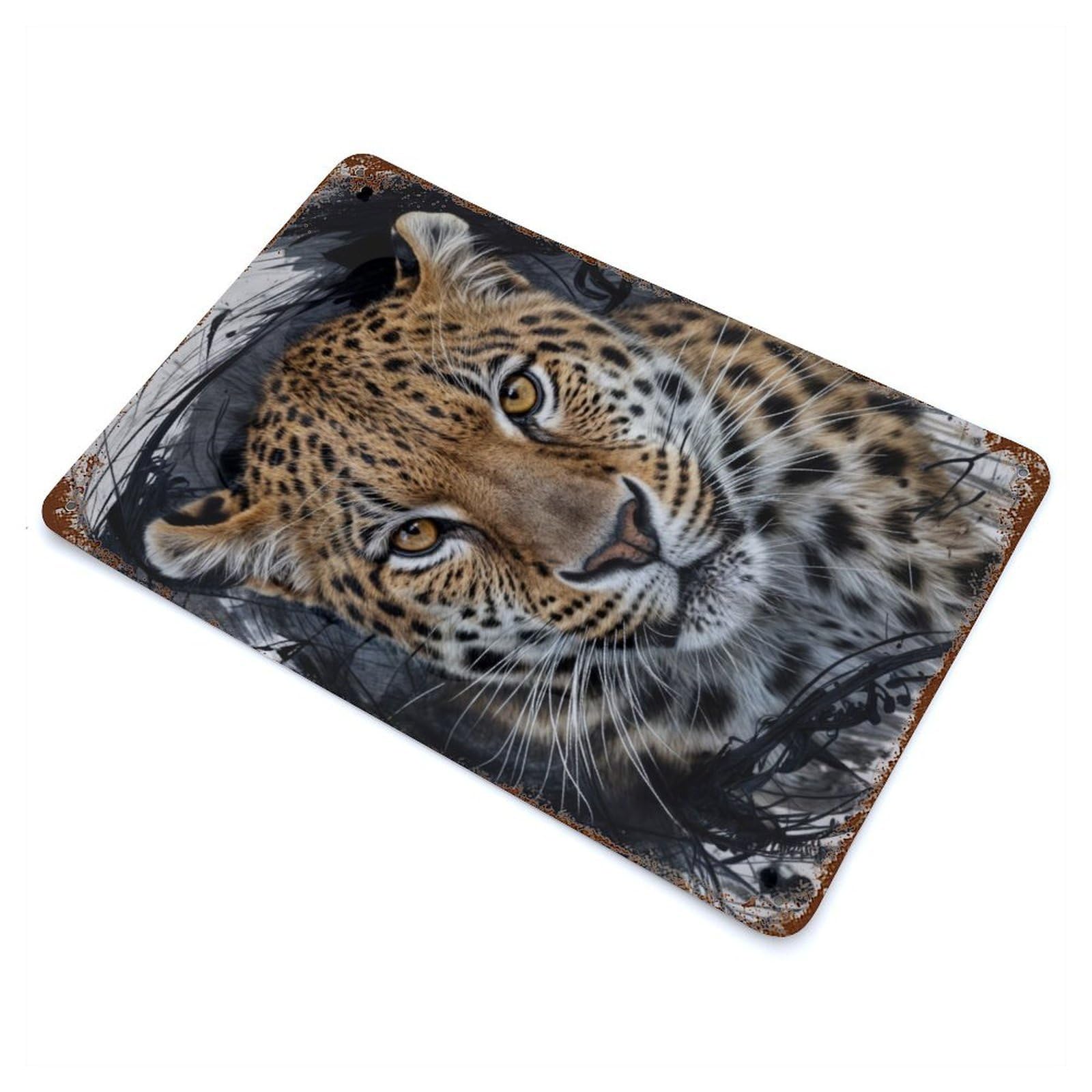 Garage Style Leopard Portrait Weathered Tin Sign 11.8"x7.9", Classic Wall Plaque for Bar And Workshop