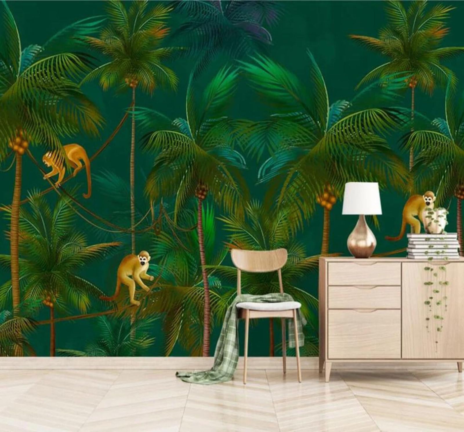 Tzxztt 350Cm×256Cm(B×H) Retro Nostalgic Hand Drawn Coconut Trees Forest Modern 3D Wallpaper Premium Textured Silk Neutral Tones Material Ideal For Living Room Bedroom-350Cm×256Cm