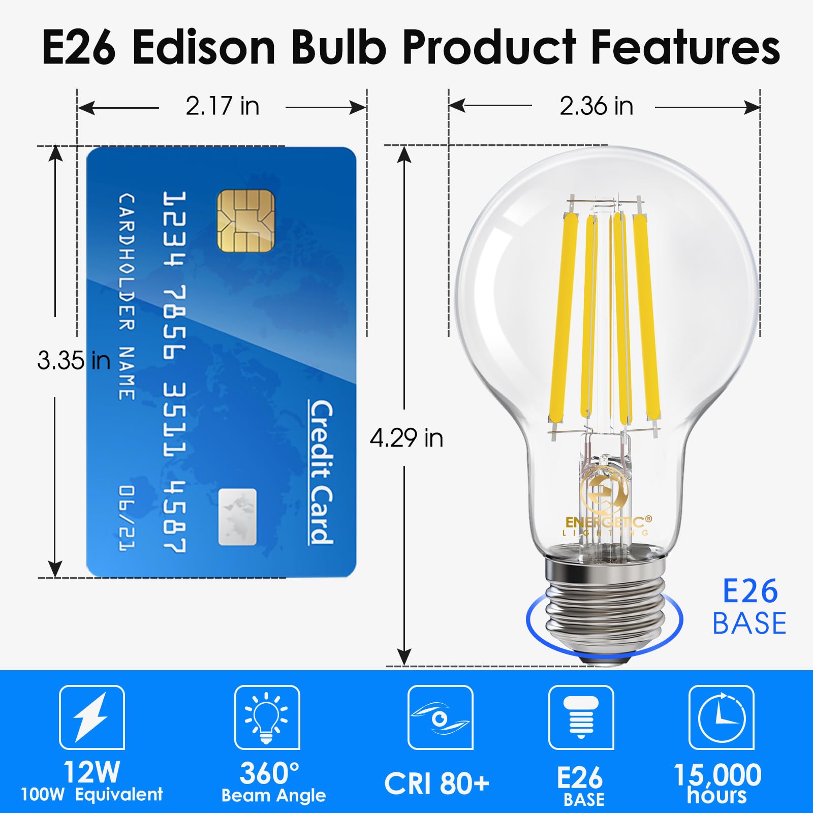 Energetic - Bombilla LED Edison A19 regulable, equivalente a 12 W, 100 W, 1600 lm de alto brillo, luz diurna 5000 K, bombilla de filamento LED transparente antigua para el hogar, baño, base estándar