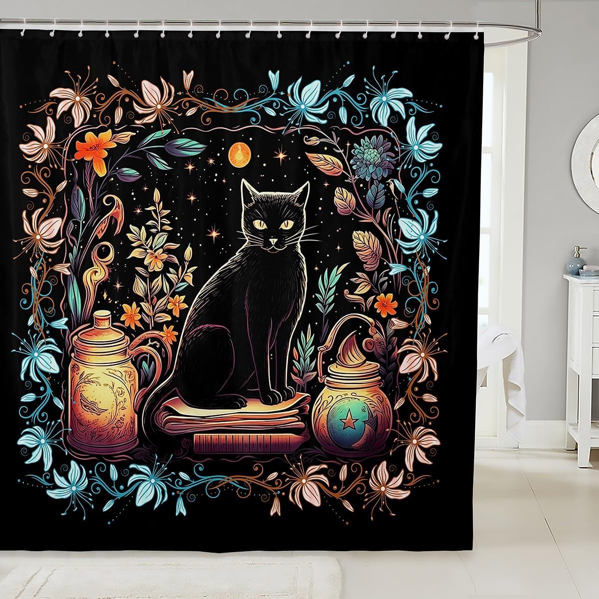 Cartoon Cat Shower Curtain Colorful Flower Leaves Botanical Garden Bathroom Curtain Kids Girls Adult Room Decor,Bright Star Night Waterproof Curtain Orange Blue Black Trippy Bath Curtain,12 Hooks