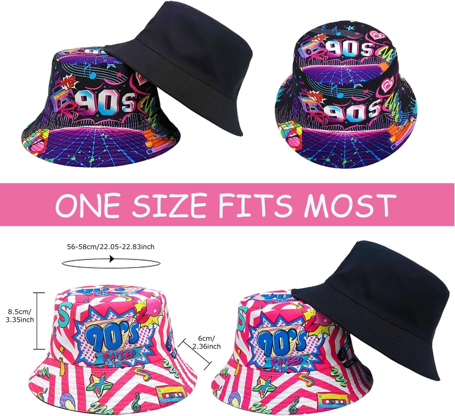 12 Pack Retro 90s Bucket Hats - Funny 80s 90s Party Hats, Packable Sun Caps for Women & Men, Colorful Fisherman Hats for Hip Hop, Birthday, Wedding, Graduation, Rave, Outdoor Activities