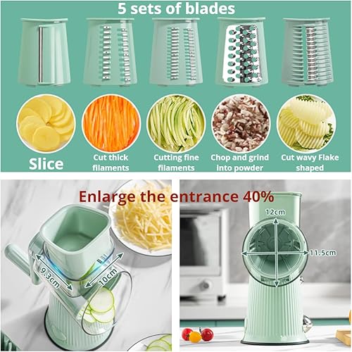 Miniatura 5 de Rallador de queso giratorio 5 en 1, manivela de mano, cuchillas inoxidables reemplazables, trituradora de queso con base de succión fuerte, cortador