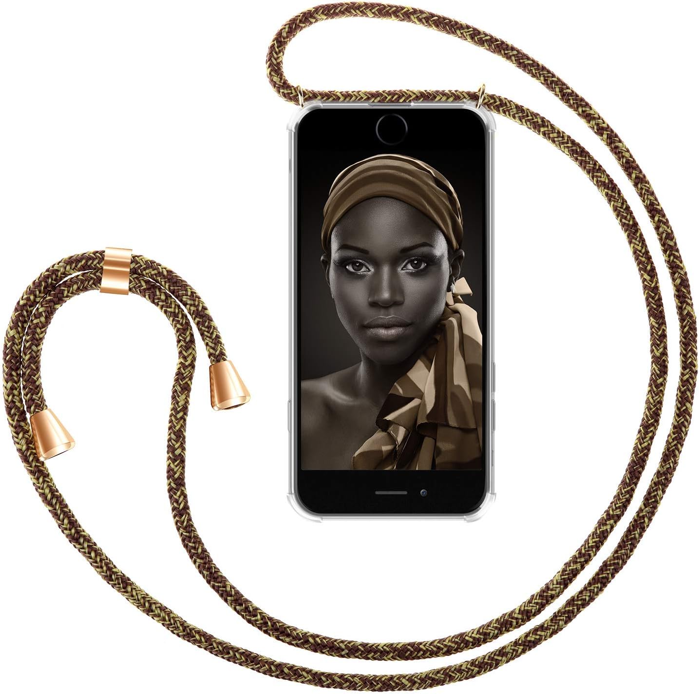 ZhinkArts Cadena para Teléfono Móvil Compatible con Apple iPhone 7/8 / SE (2020) - Funda con Collar de Cordón para Smartphone - Carcasa con Correa para Celular para Llevar - Oro/Marrón