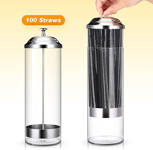 Miniatura 4 de Dispensador de paja de plástico y 100 piezas organizador de pajitas con tapa de acero inoxidable, soporte transparente para pajillas de plástico a