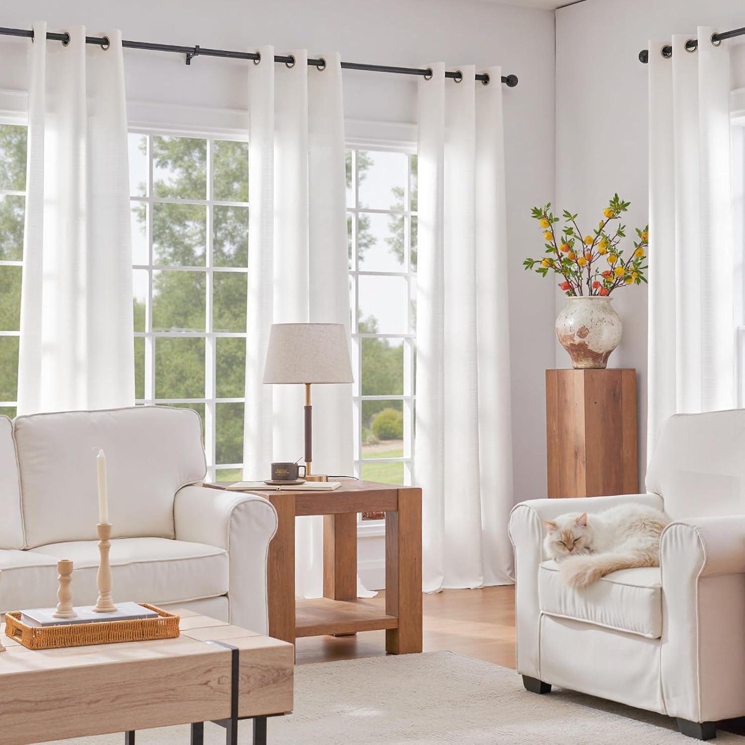 jinchan White Linen Textured Curtains 90 Inch Long 2 Panels for Living Room Grommet Top Light Filtering Window Drapes for Bedroom