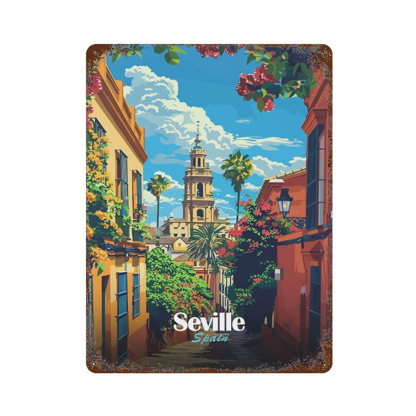 Seville, Spain Street View Illustration Aged Metal Wall Plaque 15.7"x11.8", Farmhouse Wall Decor for Patio, Garden Room And Bar Decor