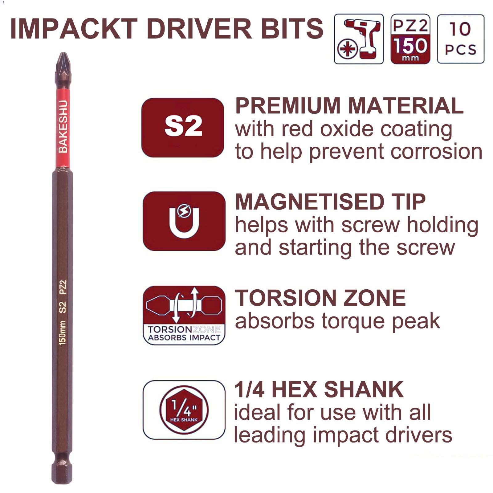 BAKESHU Pozidriv PZ2 Magnetic Impact Driver Bits, Heavy Duty Magnetic Screwdriver Bit Set,S2 Bits 150mm(10pcs) - Image 4