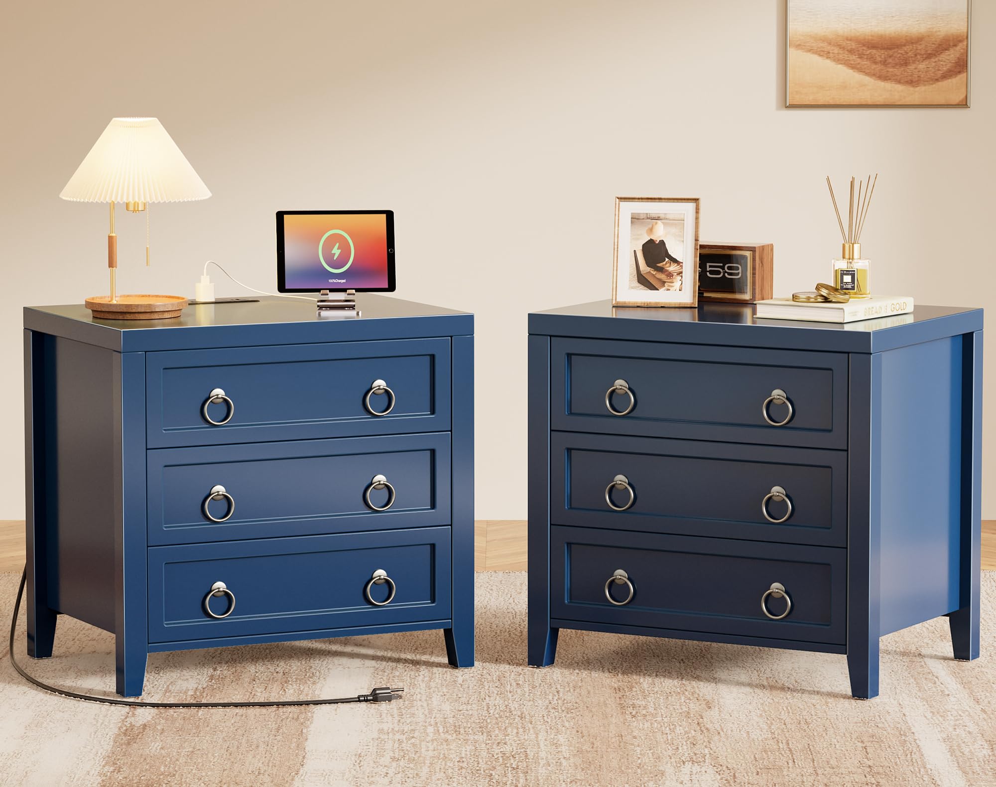 huuger 23.6 inch night stand with charger station and usb-c port, 3 drawer nightstands set of 2, larger wider bedside table, modern end table, for bedroom, blue nightstand