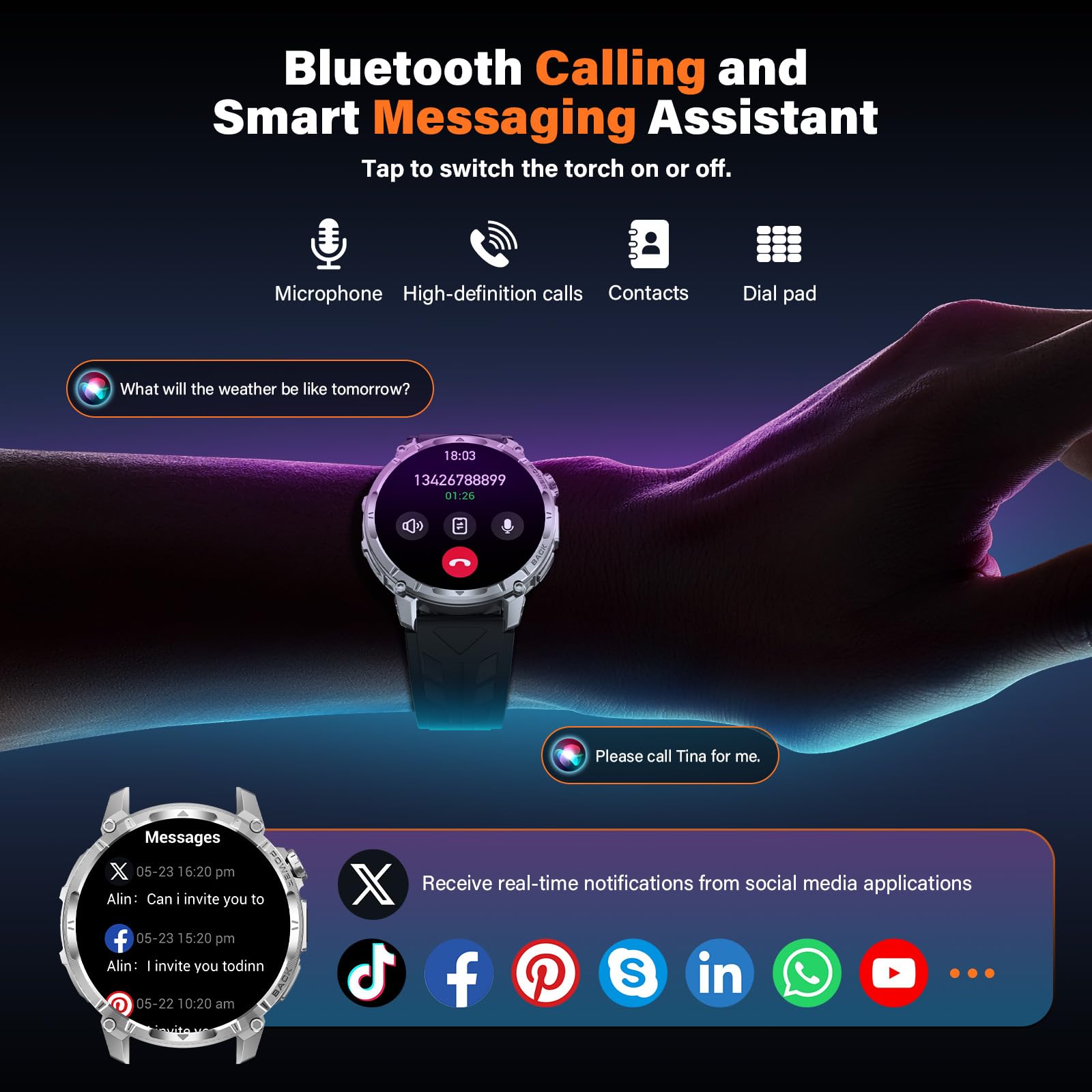 Smartwatch Uomo, 1,7'' Militari Orologio smart watch uomo Torcia 100 Giorno Standby Chiamate Bluetooth 120+ Modalità Sportive SpO2 Cardiofrequenzimetro Sonno IP68 Android iOS (Acciaio Argento)