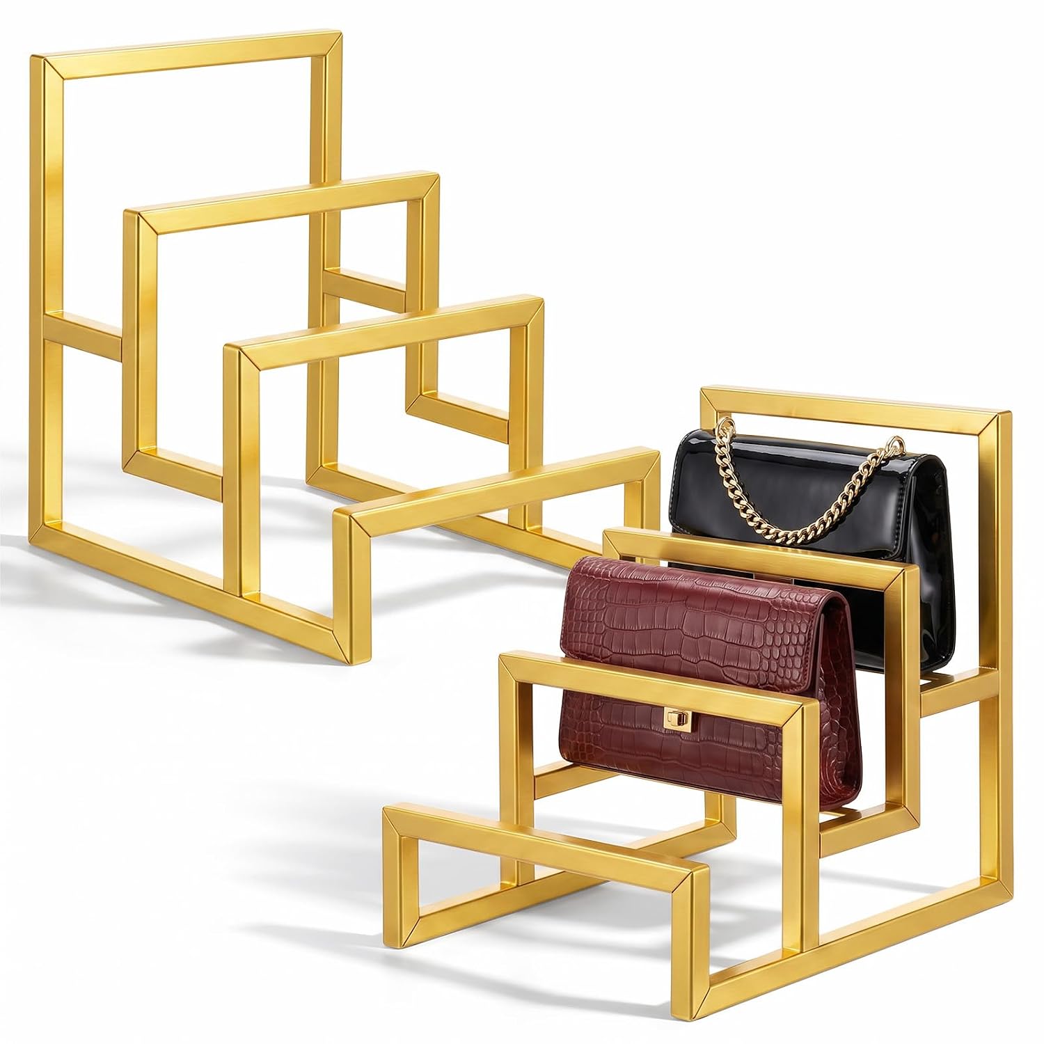 2 Pack Purse Display Stand 3 Tier Gold Wallet Organizer Rack Vertical Metal Iron Clutch for Closet Handbag Home Retail Store Boutique Supplies