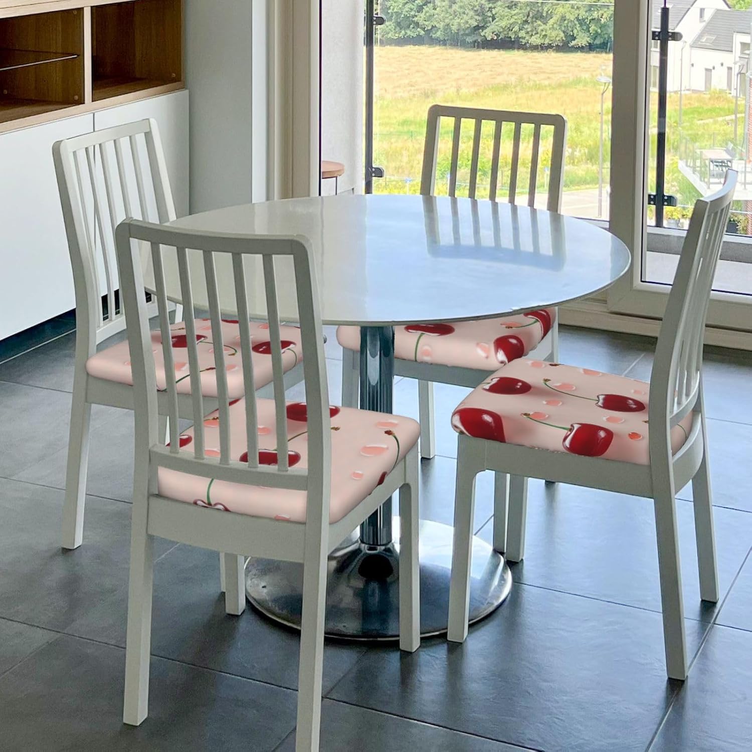 Lovely Sweet red Cherry Print Square Cushion Covers 6 Pcs Set Elastic Non-Slip Seat Cushion Slipcovers Pet Furniture Protectors for Chair, Sofa