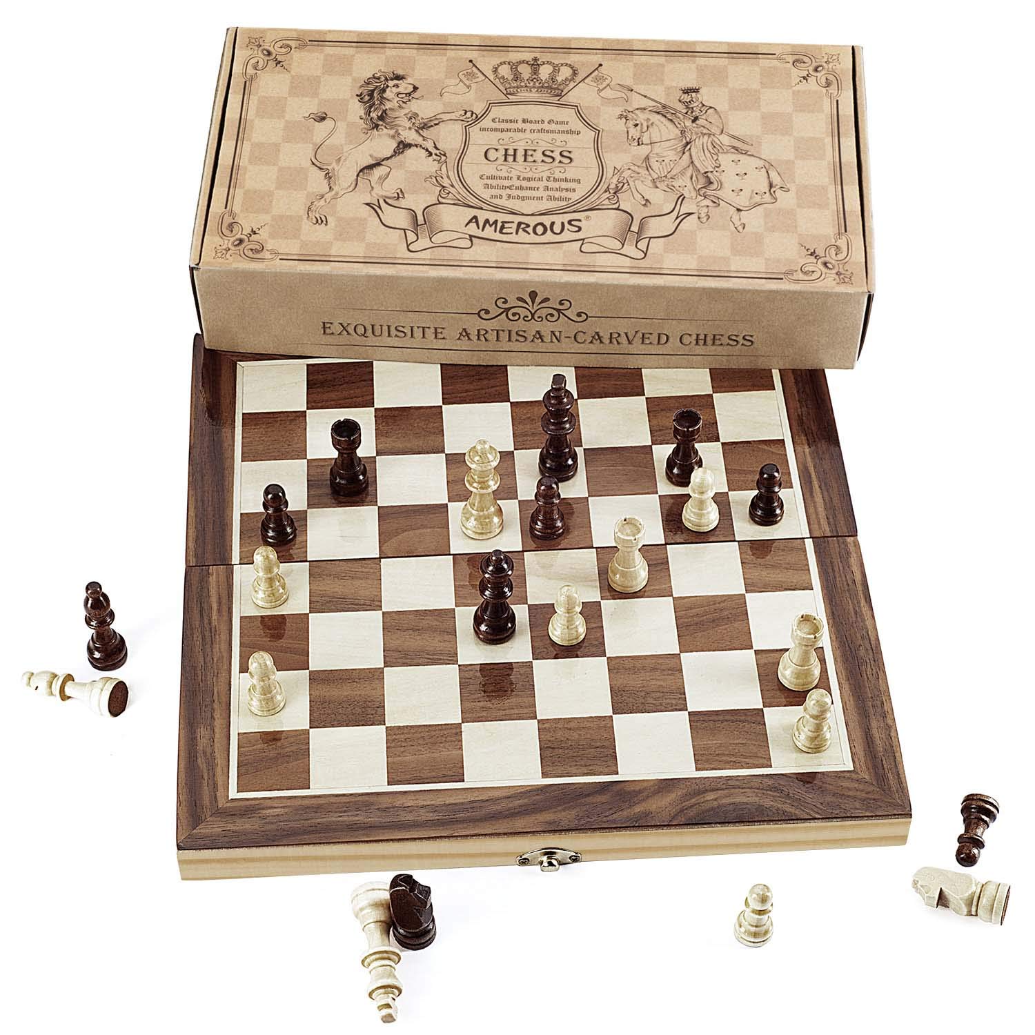 Juego de ajedrez plegable de madera estándar 12x12 pulgadas, juego de mesa estándar de ajedrez internacional con piezas magnéticas hechas a mano. 2