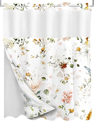 Miniatura 6 de Tititex Cortina de ducha rústica con forro floral rosa y azul, sin ganchos, doble capa, tela impermeable y transparente para ventana superior,