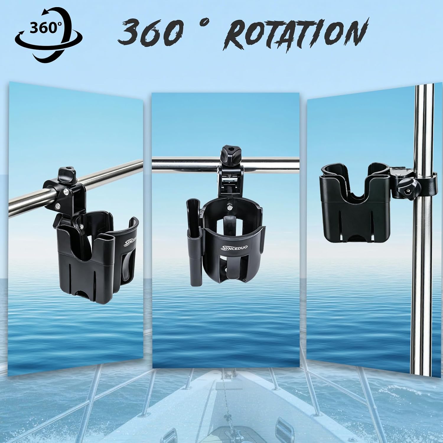 Boat Rail Cup Holder with Phone Holder, 360°Adjustable Pontoon Cup Holders Clamp on Boat Drink Organizer for Marine Accessories, Kayak, Paddle & Jet Boat(2 Pack)