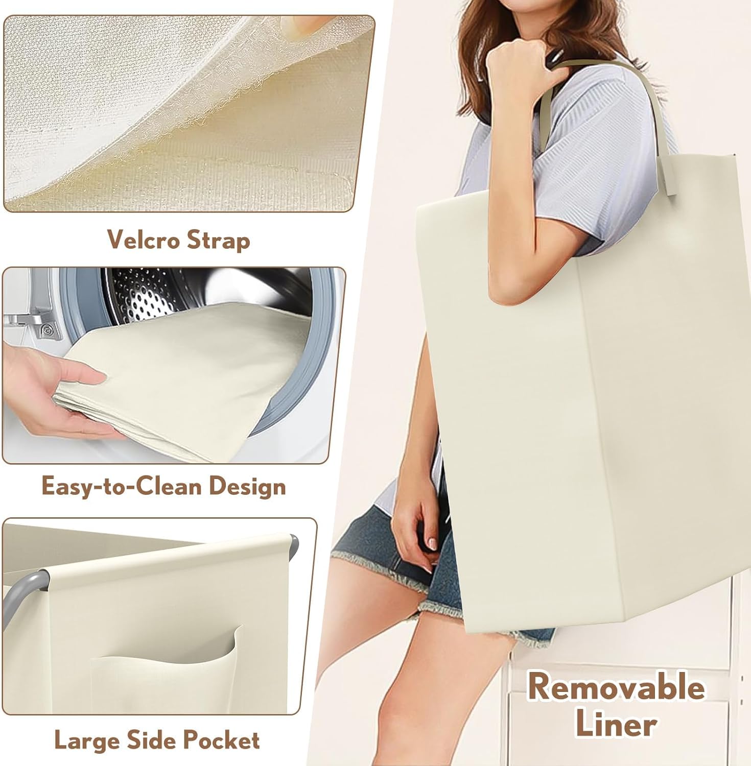 Foldable Metal Laundry Basket with Wheels, 2-Section Rolling Laundry Hamper, 37 Gallons (140L), Removable Liner, Steel Frame with Wooden Handle, Cream White