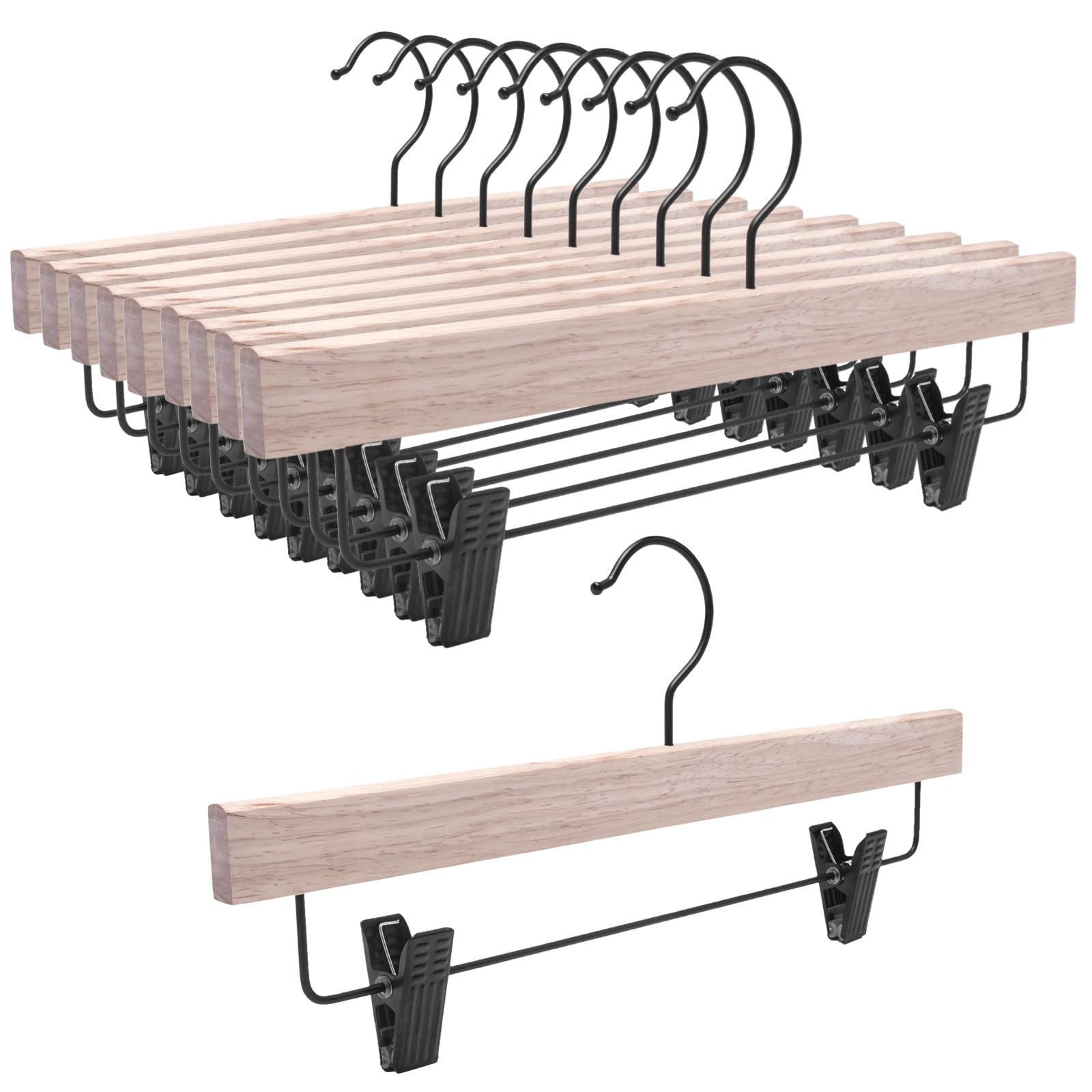 Nature Smile Deluxe Hosenbügel aus Holz, massives Lotusholz, Jeansrock-Kleiderbügel ohne Bemalung und Blacak-Haken, 20 Stück (Natur)