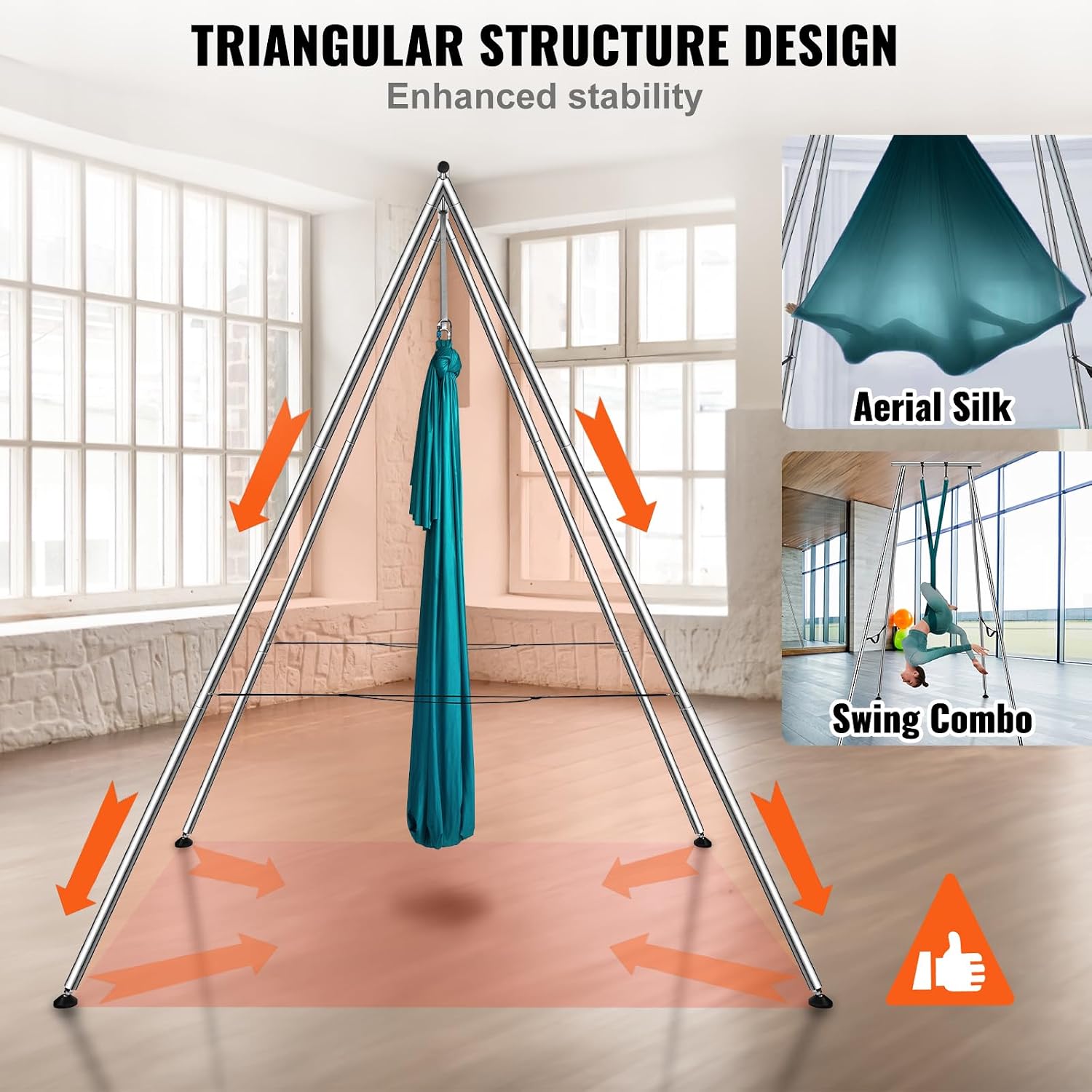 VEVOR Yoga Stand Frame, Max 441-551 lbs Load Swing Stand, Triangular Structure Aerial Rig, Aerial Silk Stands with Yoga Hammock, Standard & Height-Adjustable Version