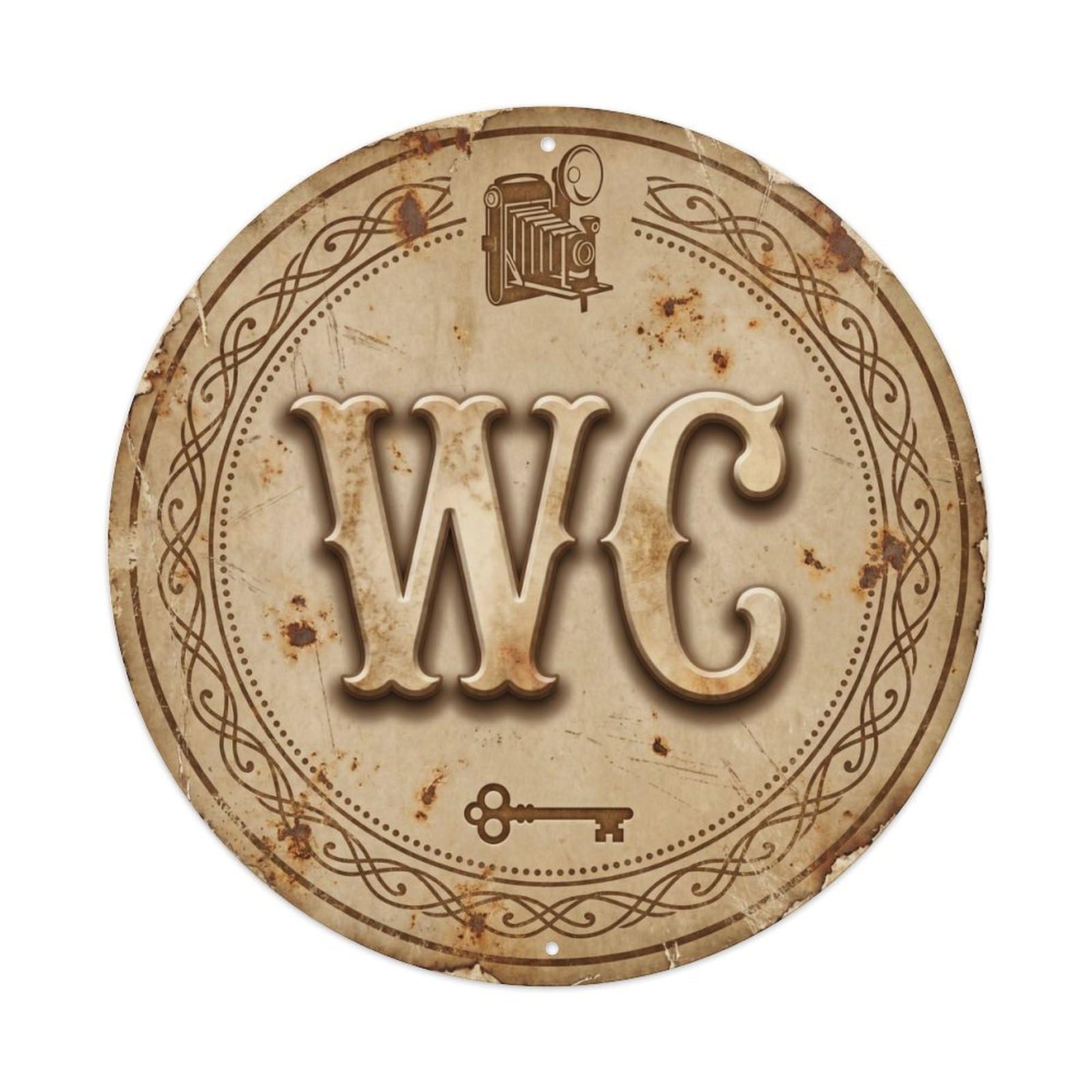 Toilet （WC） Sepia Brown Weathered Restroom Plate Metal Tin Sign Plaque Wall Decor for Cafe, Club Bar, Office, Home Garden Round Metal Poster 8x8Inch