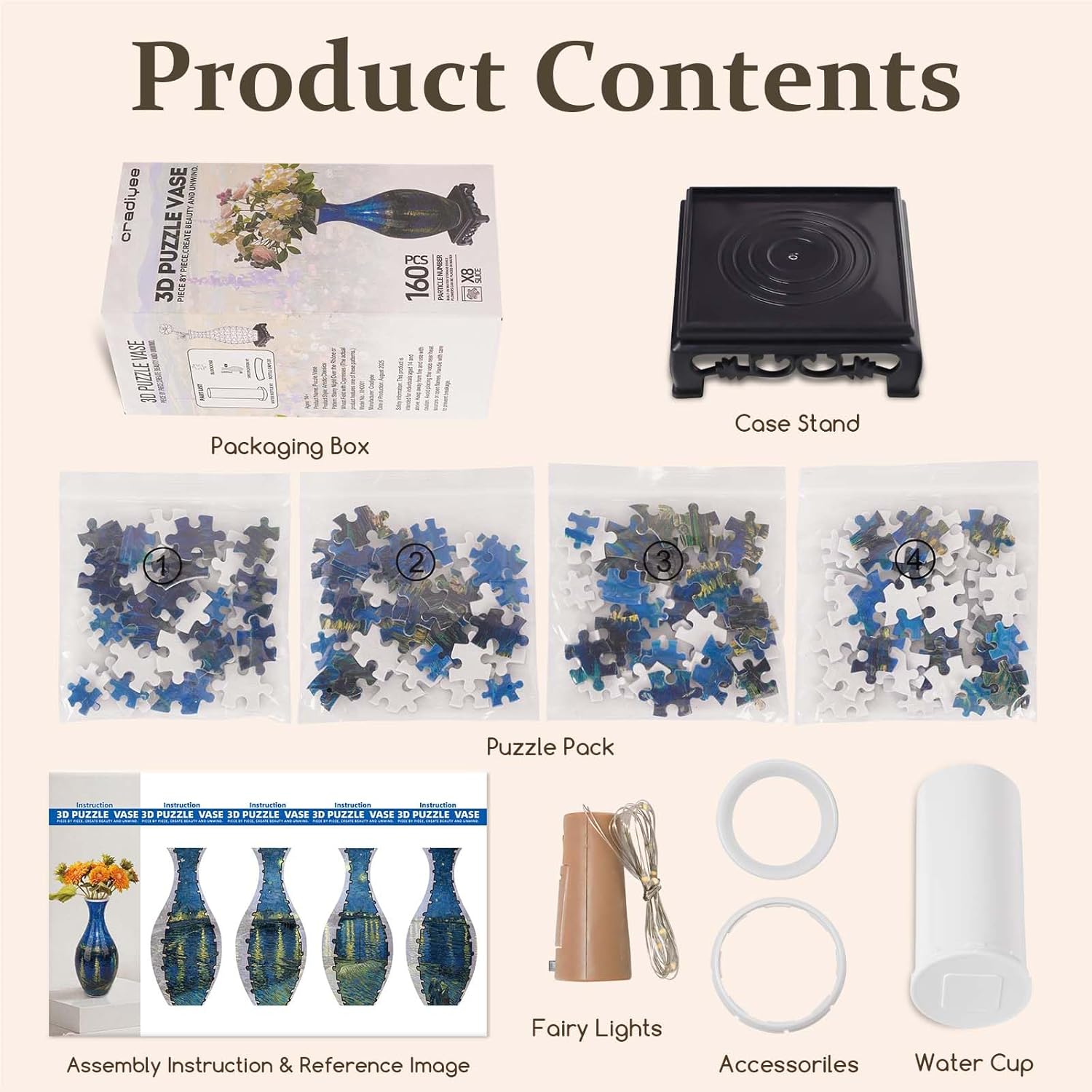 3D Puzzles Vase for Adults with LED Light, 160 Pcs Unique Plastic Flower Vase Puzzle,Crafts for Adults,DIY House Warming Gifts for Flower Arrangements and Home Decor (​Starry Night)