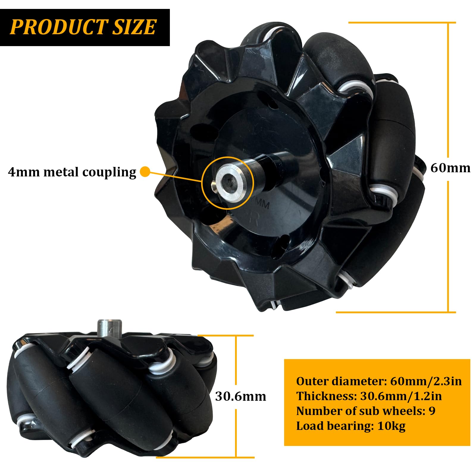Ruedas Mecanum de 60 mm, ruedas de robot, ruedas omnidireccionales 4WD, neumático omnidireccional con 4 conectores de motor de acoplamiento de metal de 4 mm para chasis de coche robot AGV, plataforma