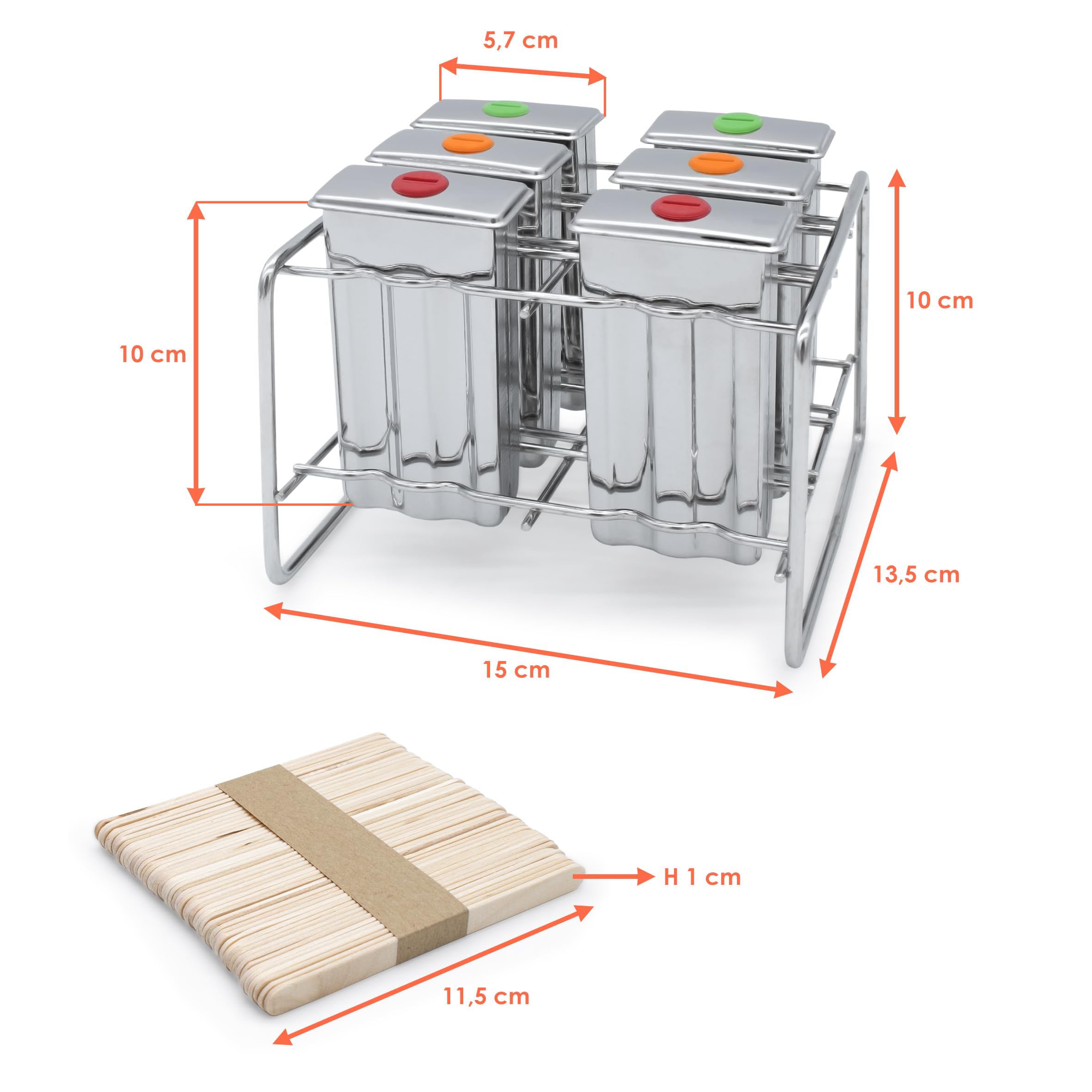 Moldes de hielo de acero inoxidable reutilizables, incluye 50 palitos de helado de madera, juego de 6 unidades, molde con soporte de metal para paletas de hielo, moldes de hielo de agua, aptos para