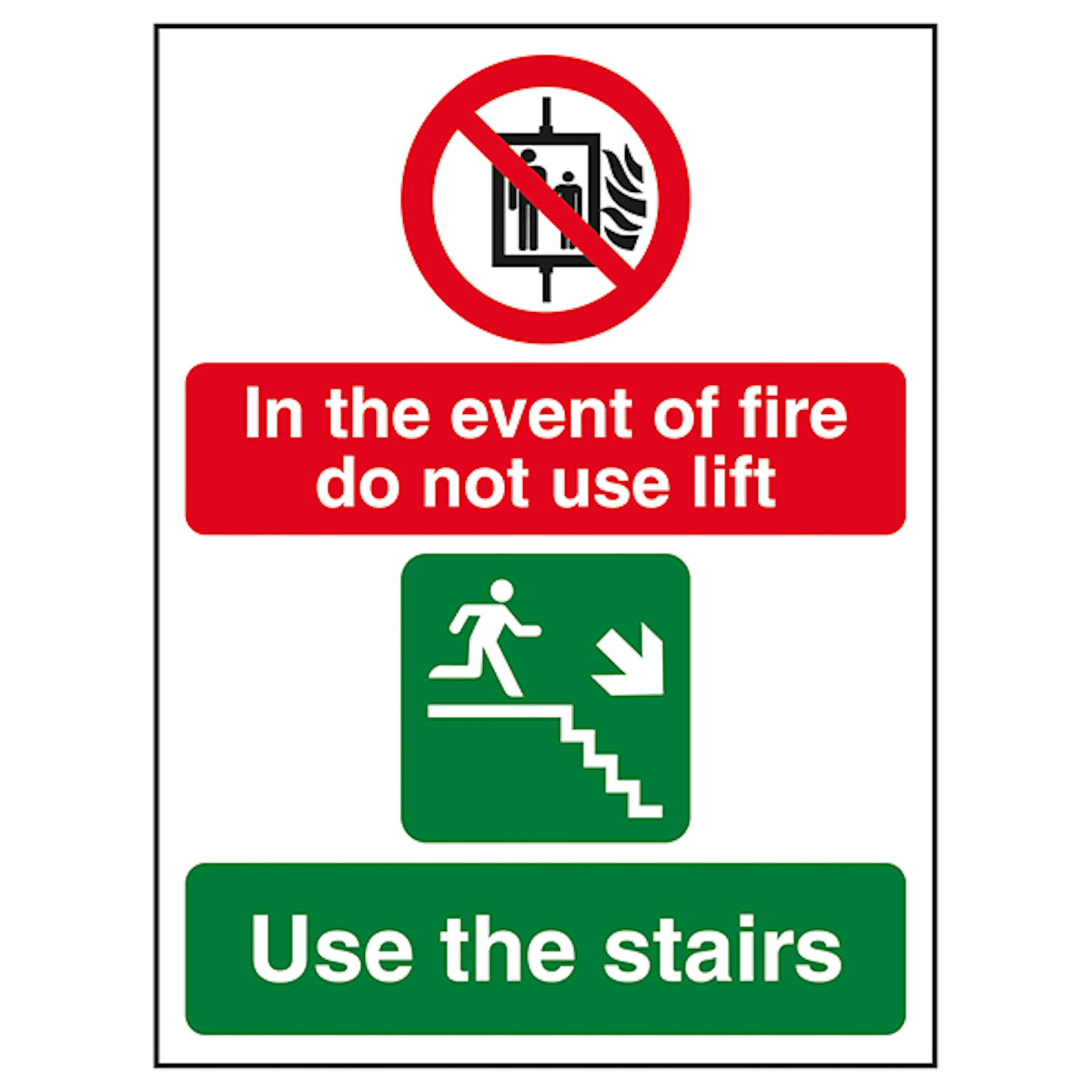 V Safety In The Event Of Fire Do Not Use Lift/Use The Stairs Right 200 x 300mm - 1mm Rigid Plastic Safety Sign