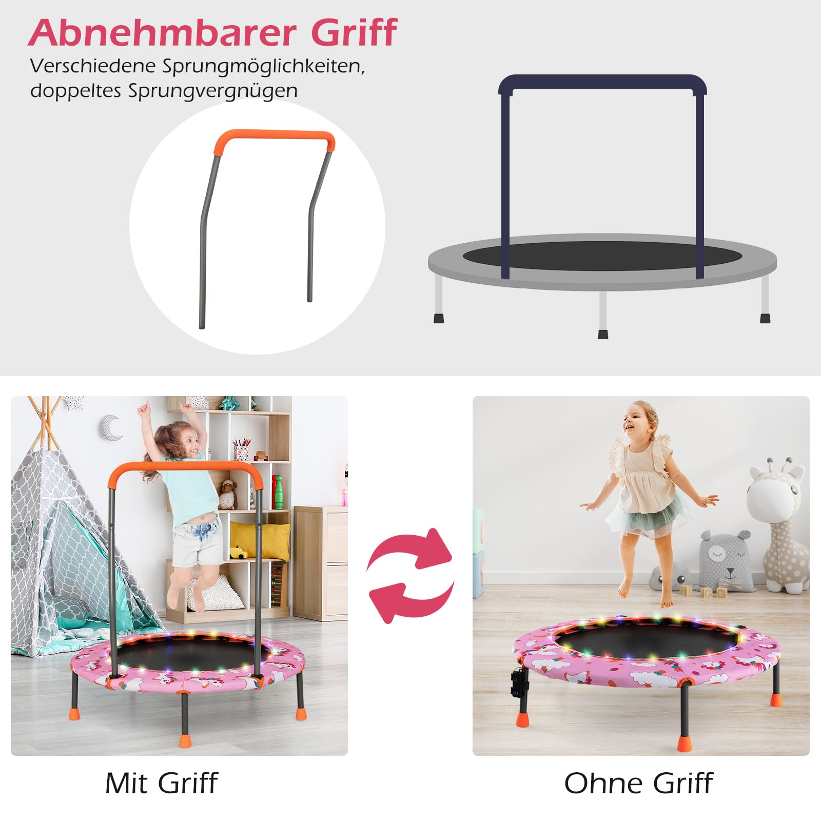 COSTWAY 92 cm trampolina z oświetleniem LED, zdejmowany uchwyt, mini trampolina dla dzieci w wieku 3-6 lat, wewnątrz i na zewnątrz