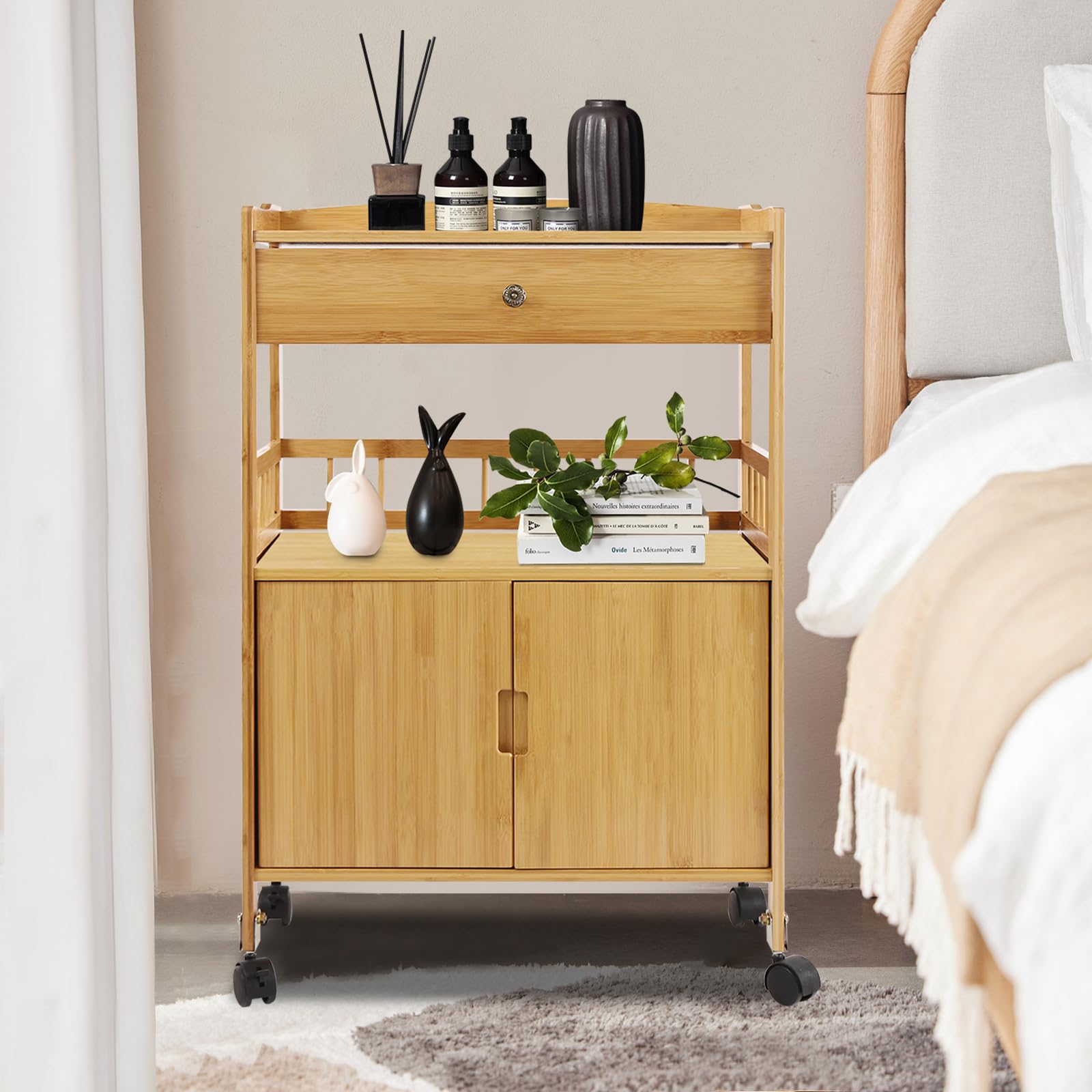 Bambus Küchenwagen mit Schublade und Schrank, Servierwagen auf Rollen, Lagerschrank mit 2 Ebenen und Universalrädern, Küchenrollwagen für Wohnzimmer, Esszimmer, Schlafzimmer, Natur (Log Color)