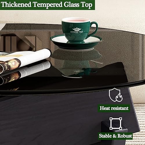 Miniatura 3 de QQXX Mesa auxiliar redonda de vidrio grueso, mesa auxiliar moderna de mediados de siglo, mesa auxiliar abstracta con base de madera, mesa central de