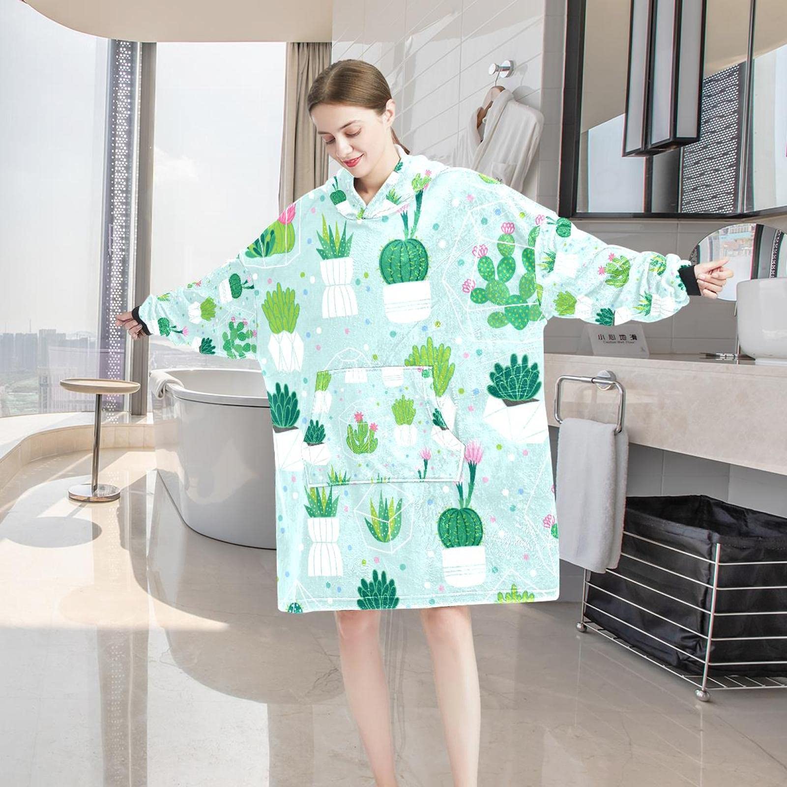 Felpa oversize con cappuccio, in flanella Sherpa, con cappuccio e tasca per adulti, uomini e donne, cactus