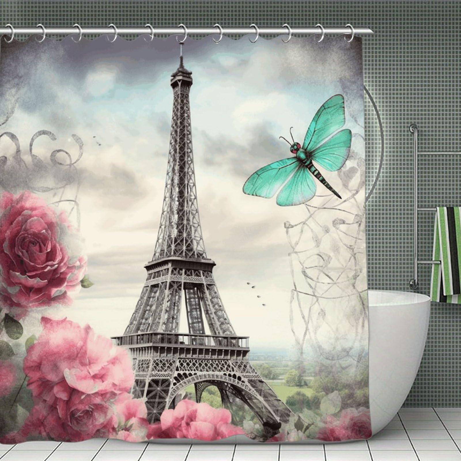 VstaDank Dragonfly French Tower Shower Curtain Light-Weight Blackout Bathroom Curtain Washable Shower Liner 71x71 Inch Bath Curtain with Metal Holes Bathtub Bath Room