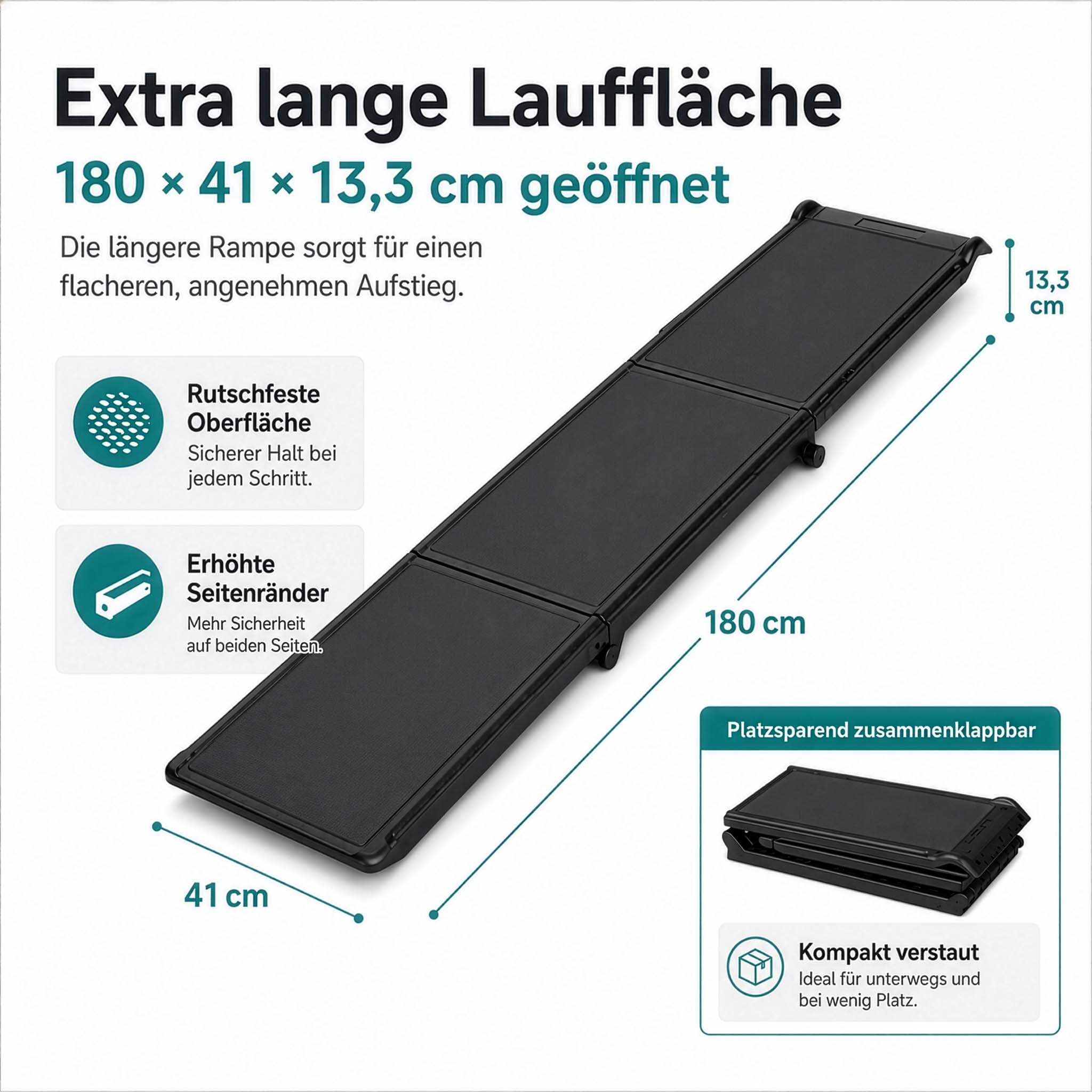 Wiltec Rampa dla psów 180 x 40 cm, nośność 50 kg, składana na trzy części, antypoślizgowa rampa samochodowa dla psów, składana pomoc do wsiadania wykonana z PP