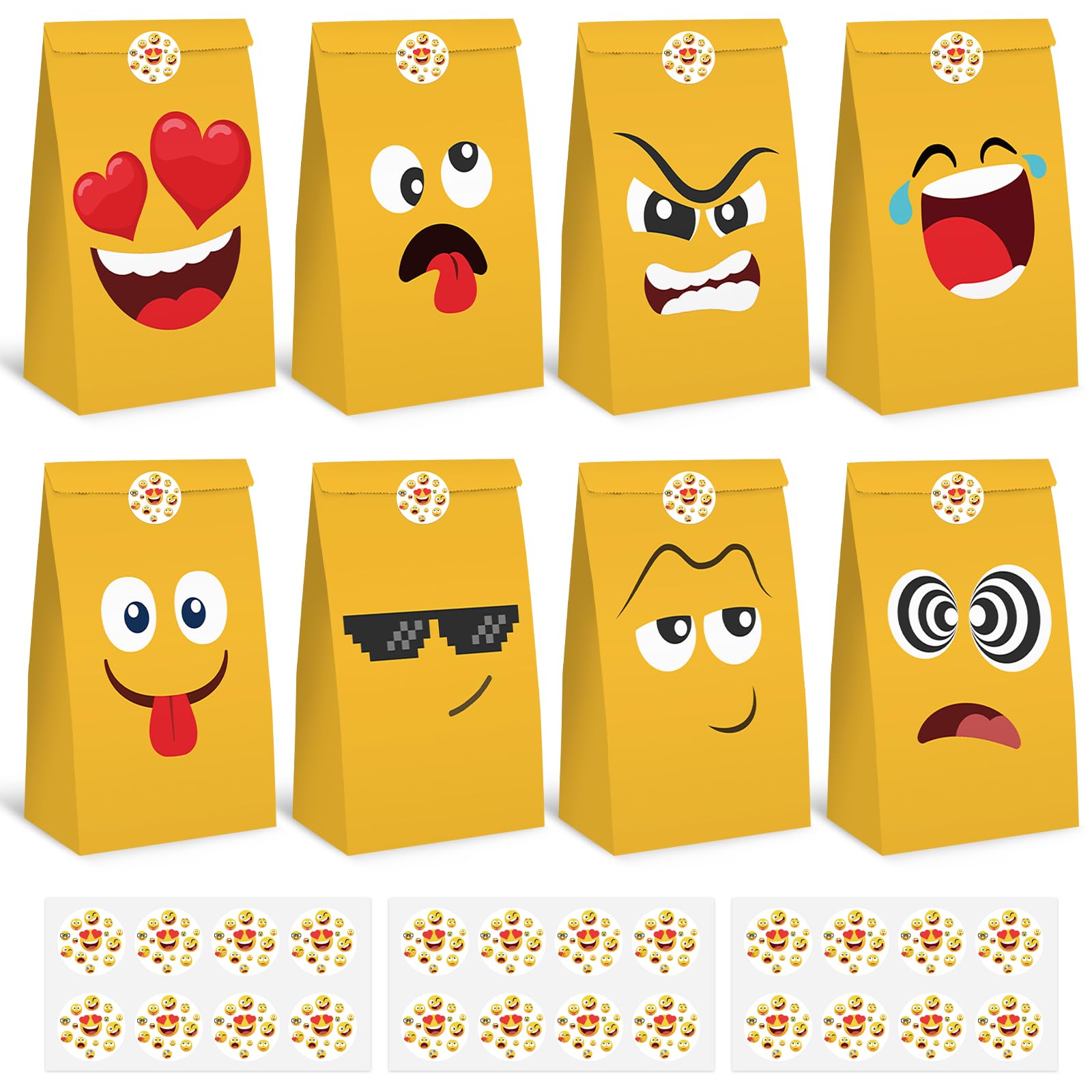 VGOODALL Emotion Face Gift Bags, 36PCS Yellow Smile Face Party Favor Bags Goodie Bags with Stickers for Kids Birthday Party 4.7"x3.1"x8.7"