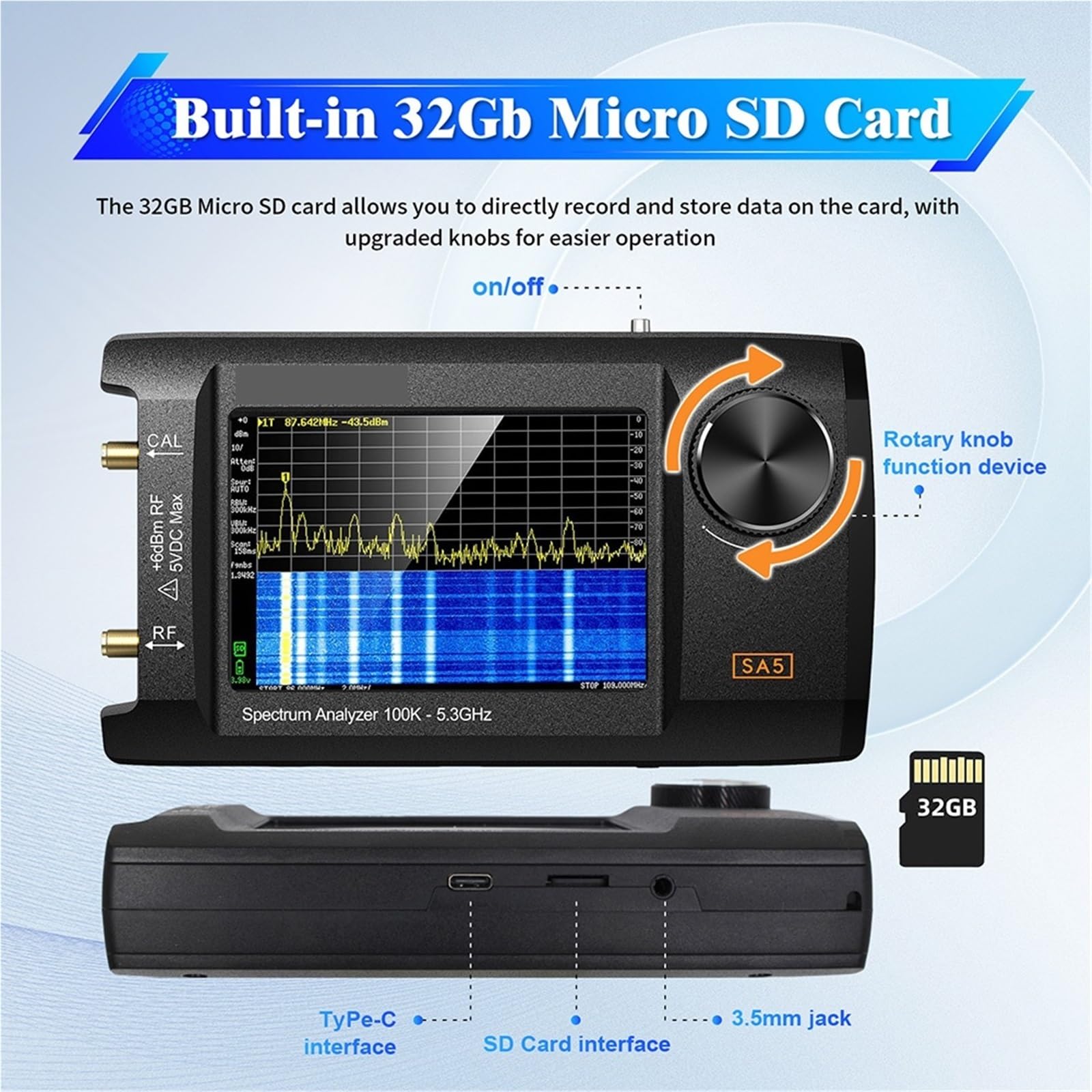Analizador de espectro, Analizador de espectro portátil 2 en 1, generador señales 4 pulgadas, 100 kHz a 5,3 GHz, batería 5000 mAh y tarjeta 32 GB