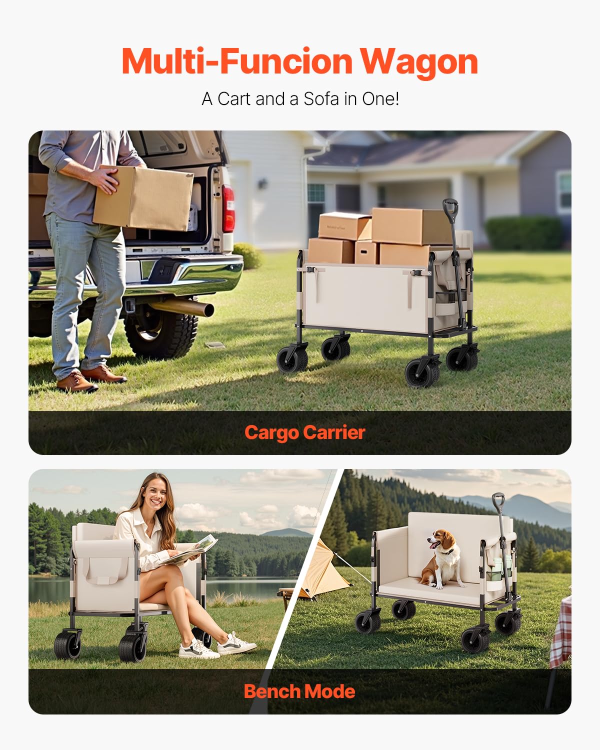 VEVOR Chariot de Jardin Pliable, 220 L, Chariot de Transport Utilitaire 2 en 1 Convertible en Banc, Capacité de Charge 249,48 kg, avec Poignée Réglable, pour Extérieur, Camping, Jardinage, Shopping