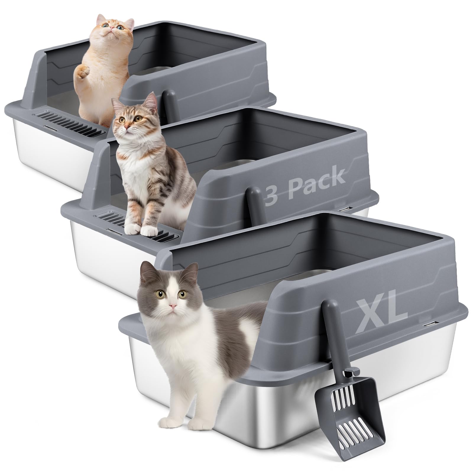 Cajas de Arena para Gatos de Acero Inoxidable con Pala, Bandeja higiénica de Lados Altos, antisalpicaduras, sin olores, Antiadherente, fácil de Limpiar (Gris Oscuro, 3 Unidad)