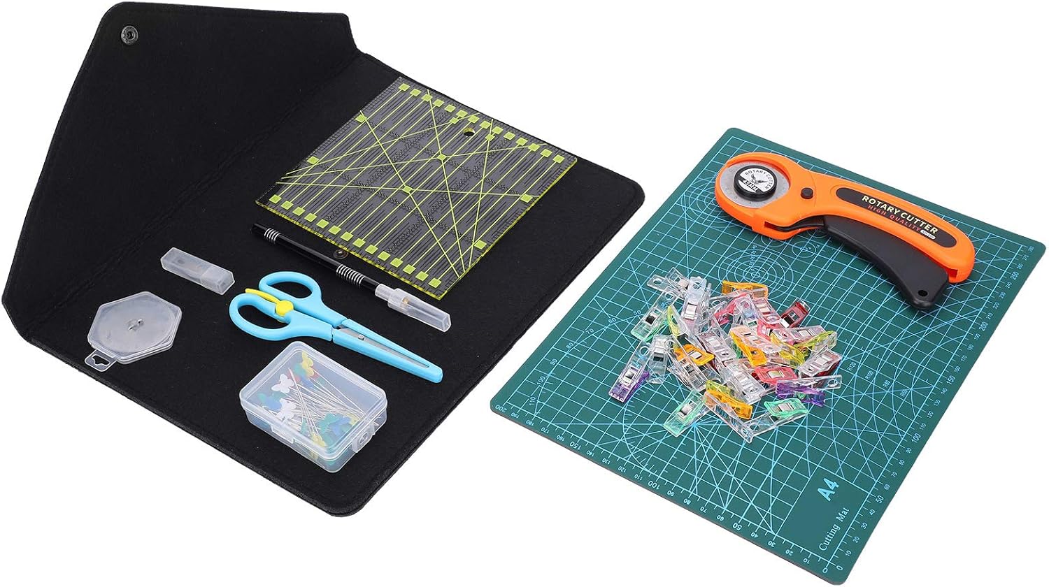 Professional Rotary Cutter Set Leather Craft Tool Kit with 5 Blades Self Healing Cutting Mat A4 Size 9x12 Inches Patchwork Ruler Engraving Knife for Leather Carving Sewing