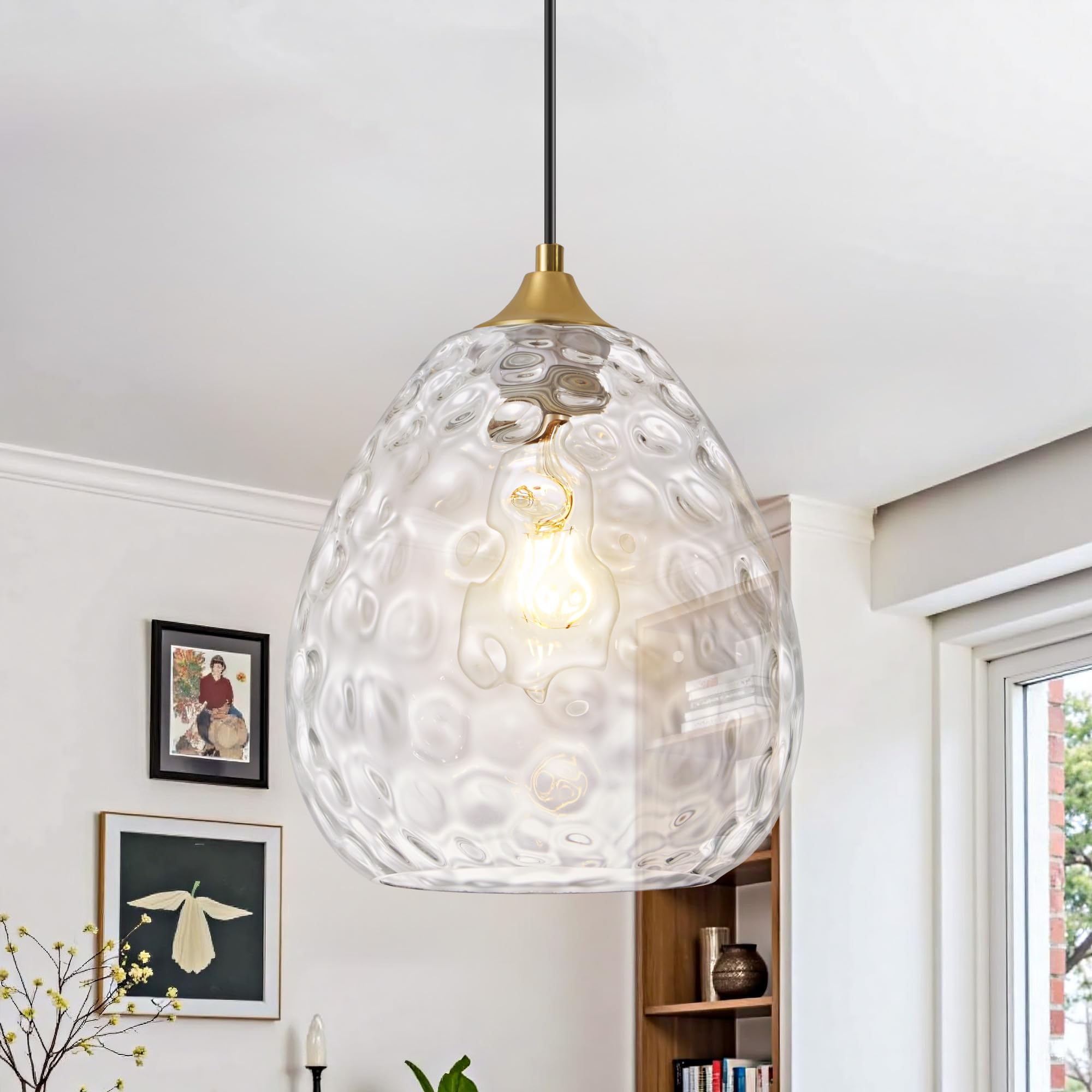 Pendelleuchte Esstisch Hängelampe Modern Wohnzimmer Lampe Hängeleuchte mit Gehämmertem Glasschirm, Deckenleuchte für Schlafzimmer Esszimmer Küche Restaurant (Ø21cm), E27 Sockel, Gold - Gehämmert