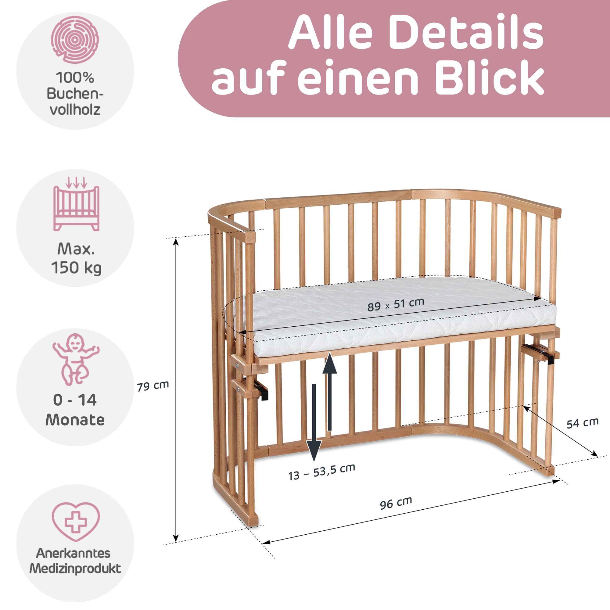 babybay Maxi bardzo duże łóżeczko dostawne z litego drewna bukowego, wysokość regulowana bezstopniowo, przyjazne dla środowiska, rośnie wraz z dzieckiem, naturalne, lakierowane
