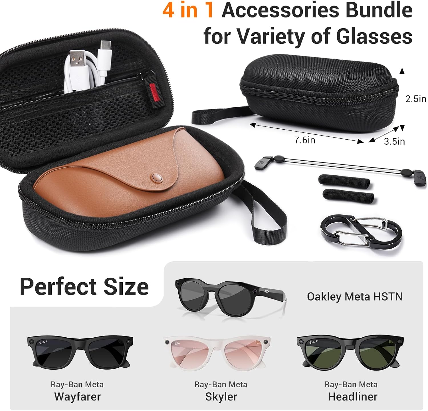 CoBak Carrying Case for Ray-Ban Meta & Oakley Smart Glasses, with 4 in 1 Accessories Kit - Case, Carabiner, Strap and Ear Cushion, Fits Wayfarer, Skyler and Most Sunglasses Portable Protective Storage