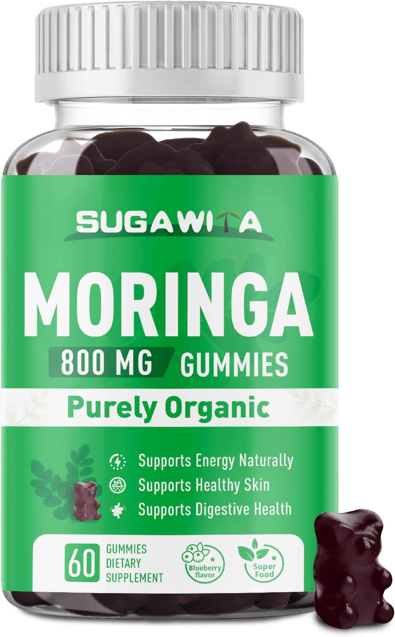 Moringa Gummies for Women Men, Natural Green Superfood for Energy, Skin & Diegstive Health, Chewable Organic Moringa Leaf Supplement with Essential Vitamins & Amino Acids, 60Cts