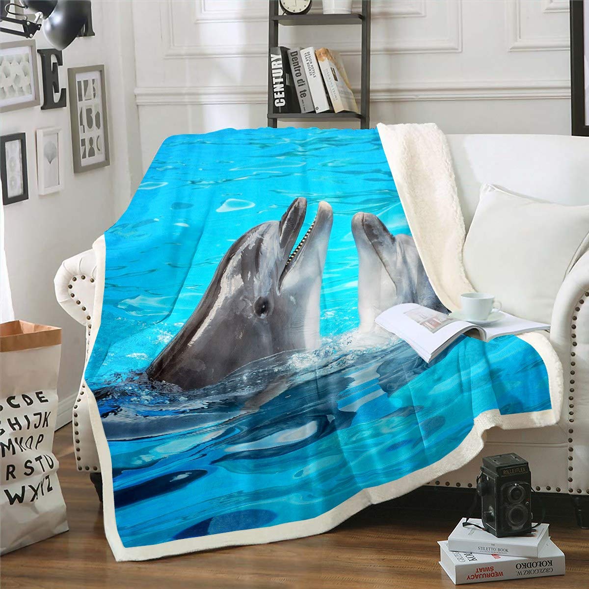 Loussiesd Ocean Sherpa Blanket 3D Dolphin Print Fleece Throw Blanket for Kids Boys Girls Sea Wave Marine Life Plush Blanket Underwater Animals Fuzzy Blanket for Sofa Bed Couch Baby 30x40 Inch