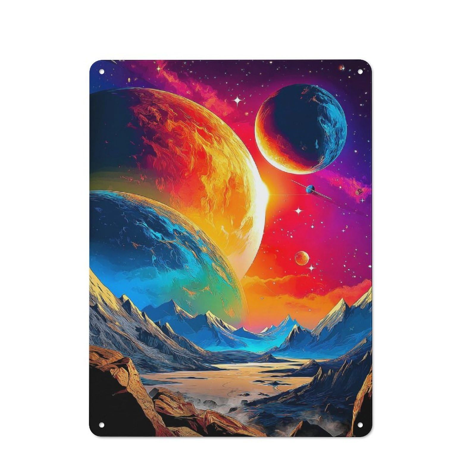 Junmoney Colorful Cosmic Landscape With Planets Metal Plaque With Design 40X30cm, Vintage Bistro Wall Plaque For Coffee Bar, Kitchen, Bistro Or Tea Corner