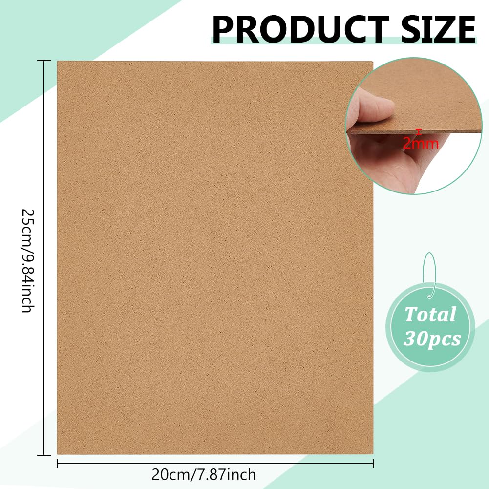 BENECREAT Paquete de 30 placas de madera de densidad media para manualidades, 250 x 200 mm, tablero de madera sin tratar, 2 mm de grosor, tablero de fibra de densidad media para proyectos de pintura y