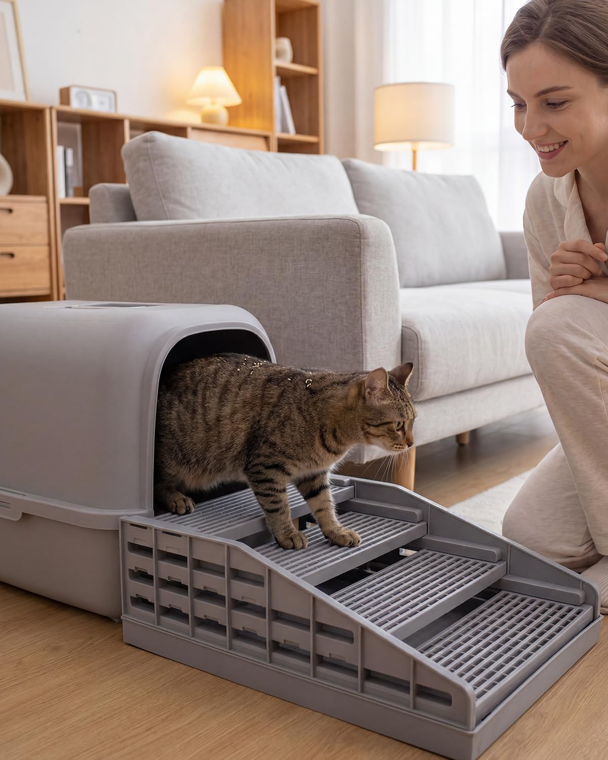 Adjustable Cat Stairs, Litter Box Step DIY Stackable with Litter Catcher & Anti-Tracking Grid, Non-Slip Cat Staircase for Senior Small Cats Kittens, Fit Most Litter Boxes (Grey)