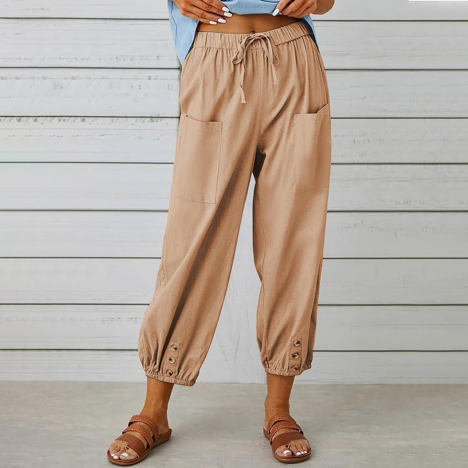 Women's Cropped Drawstring Waist Wide Leg Loose Cotton Linen Capri Pants for Women - Image 5