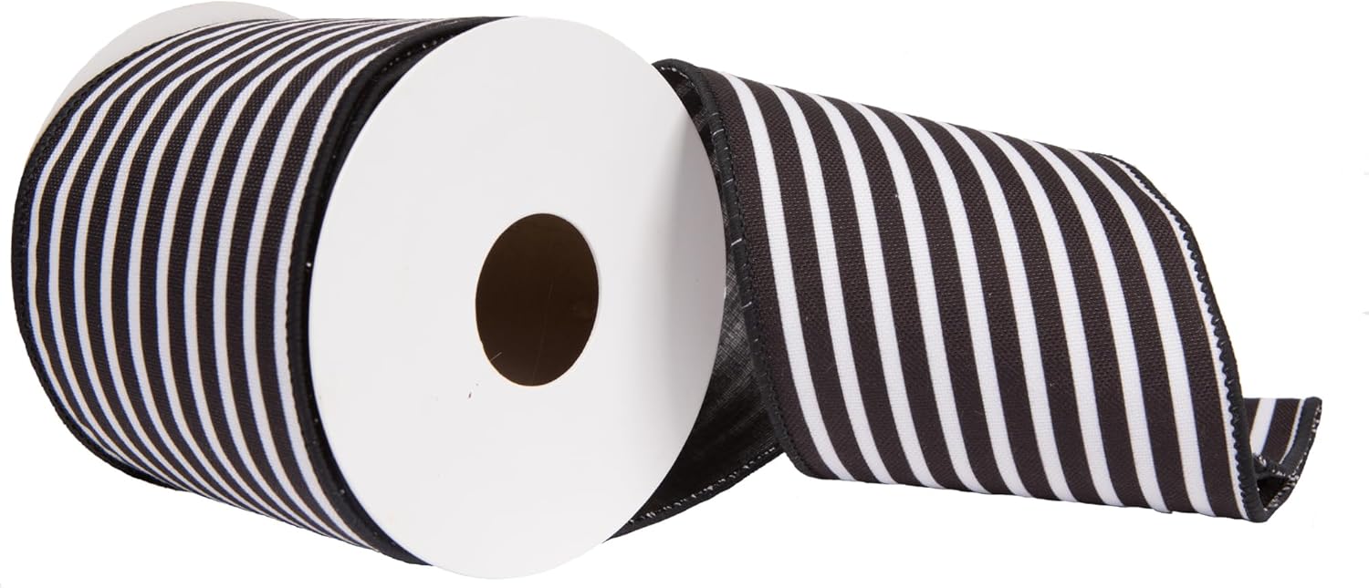 Vickerman 4" x 10 Yards Black Horizontal Printed Stripe Sheldon Belver Double Ribbon.