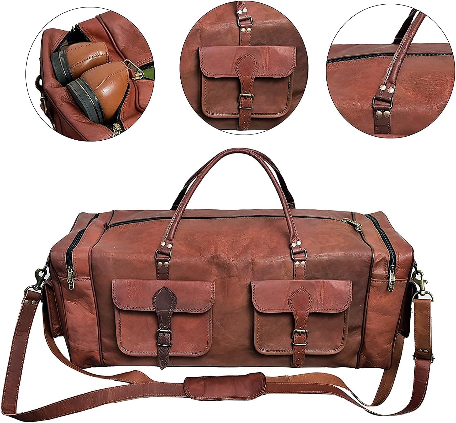 Handgefertigte große Leder-Reisetasche für Herren - Übernachtung, Wochenende, Fitnessstudio, Wandern, Vintage, Größe XL, braun, 76 cm