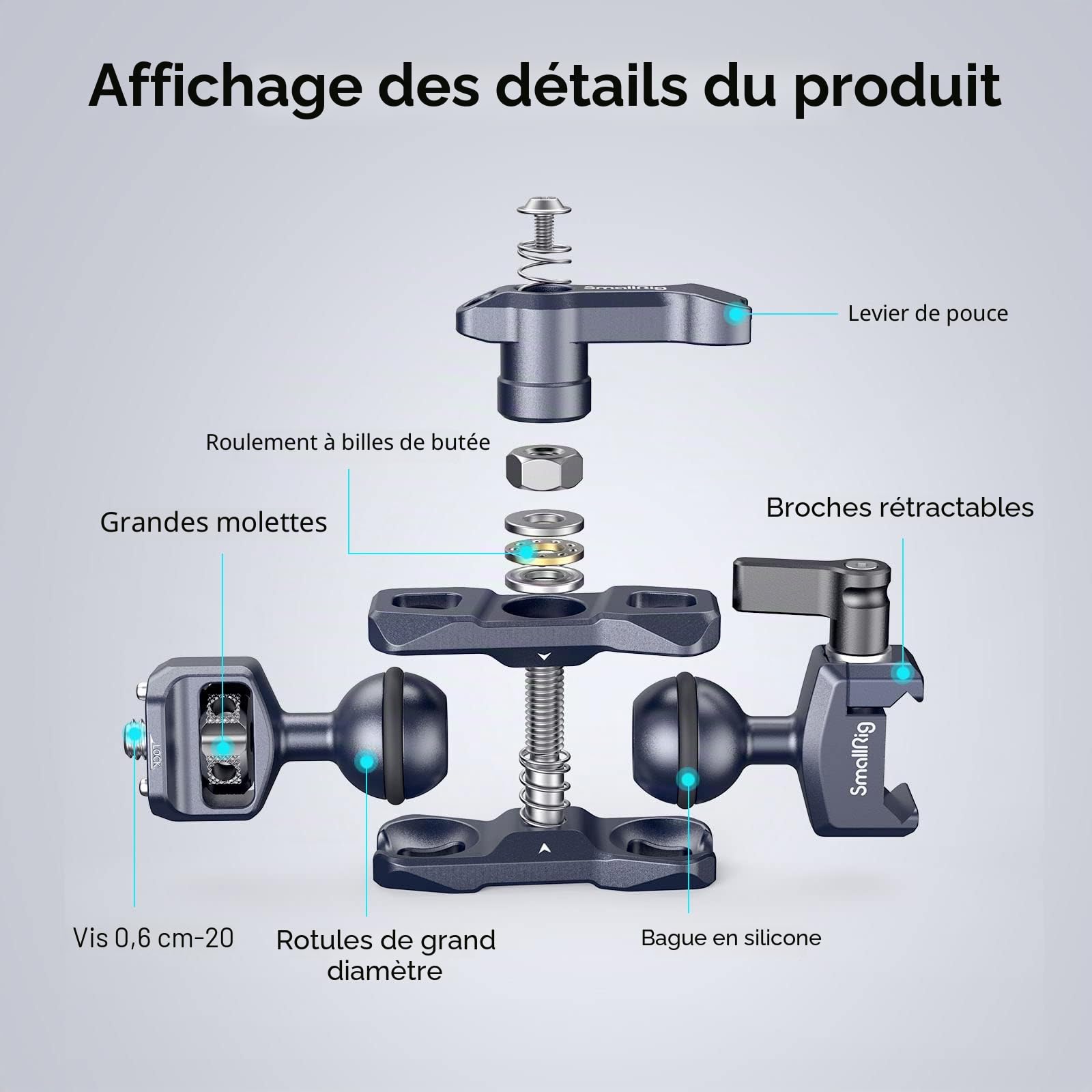 SMALLRIG Dual Ball Heads Magic Arm avec Vis 1/4"-20 et Pince NATO, Charge Maximale 13,23 lbs/6 kg, Seulement 91g, en Alliage d'Aluminium et Acier Inoxydable - 3875