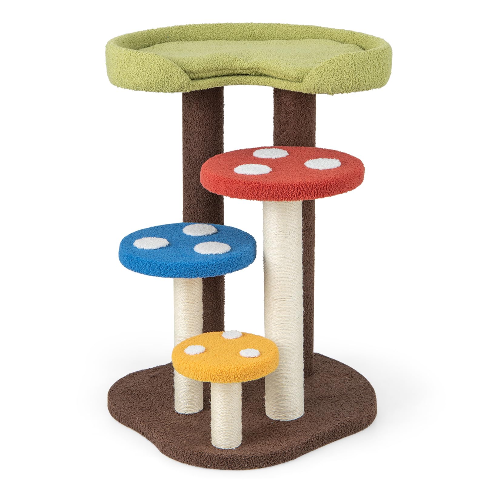 GYMAX Torre para Gatos En Forma De Hongo, 4 En 1 con Poste Rascador De Sisal Completamente Envuelto, Tabla para Rascar Y Bola De Resorte, con Condominio Y Plataforma, De Interior (4 Plataformas)